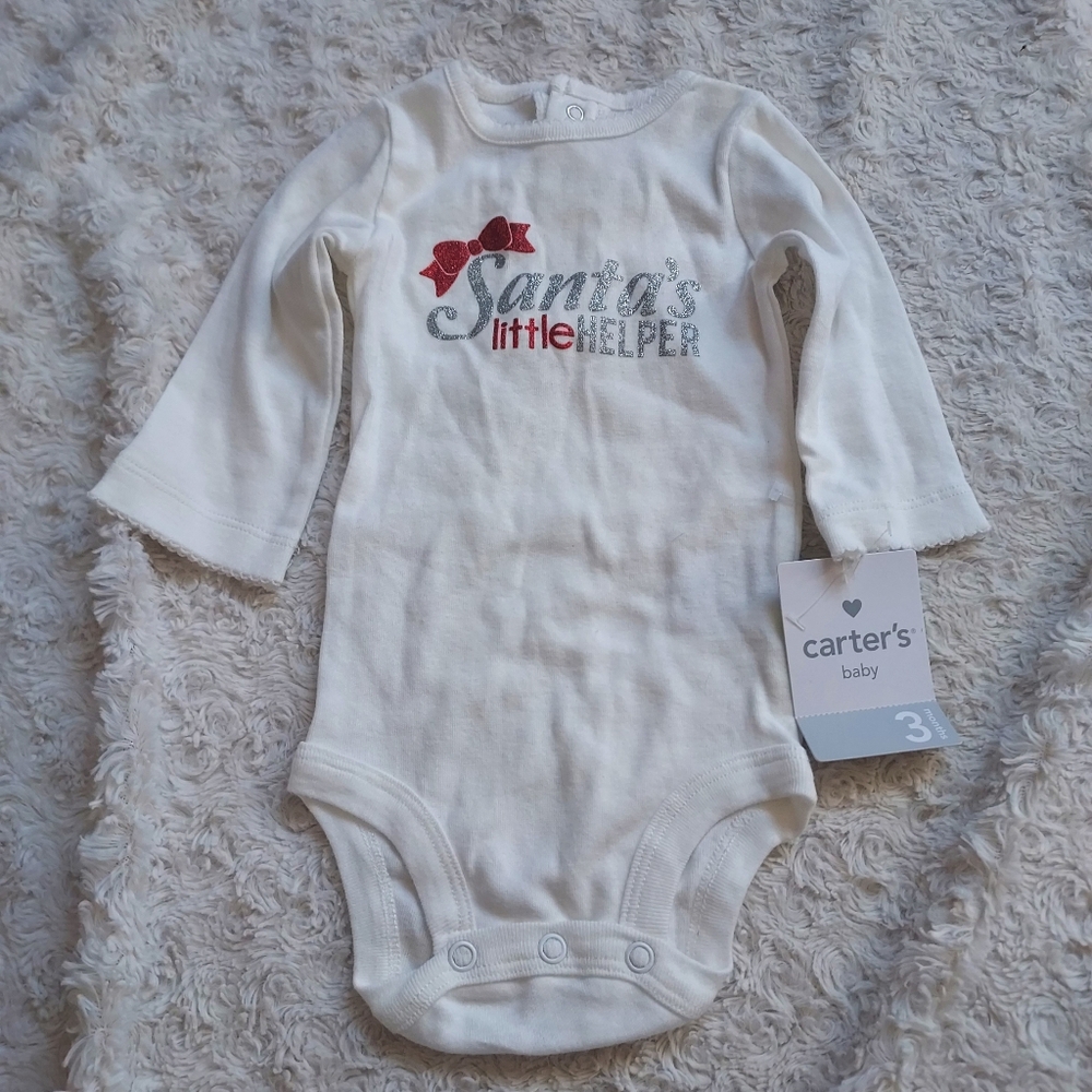 Carter's White "Santa's Little Helper" Long Sleeve Onesie Holiday Christmas